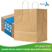 APSIC Kraft Paper Bags w/ Handles 14x9.65x16, 200 Pack (PB-10)