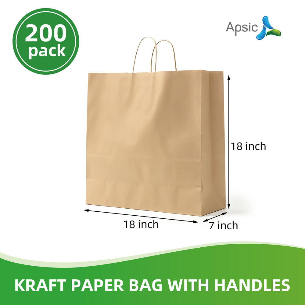APSIC Kraft Paper Bags w/ Handles 18x7x18, 200 Pack (PB-11)