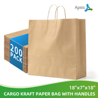 APSIC Kraft Paper Bags w/ Handles 18x7x18, 200 Pack (PB-11)