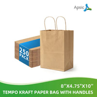 APSIC Kraft Paper Bags w/ Handles 8x4.75x10, 250 Pack (PB-01)