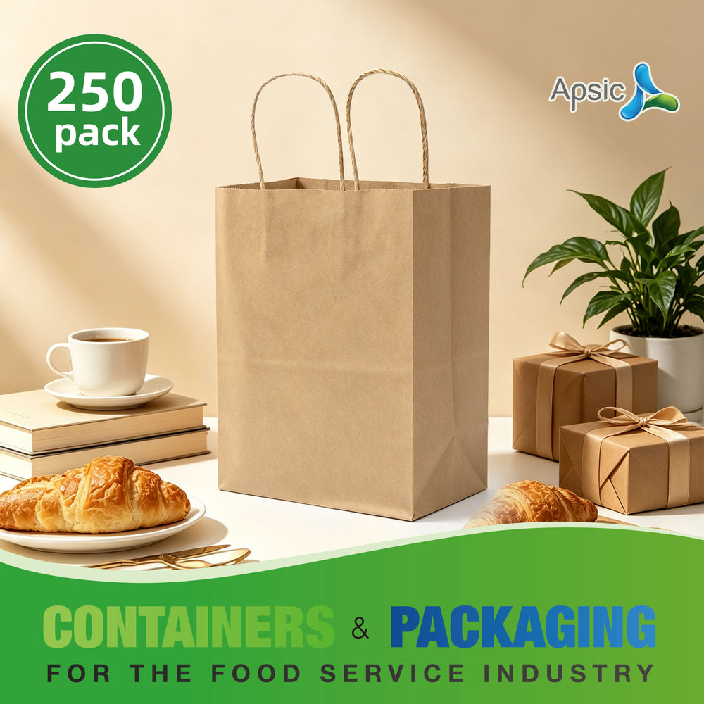 APSIC Kraft Paper Bags w/ Handles 8x4.75x10, 250 Pack (PB-01)