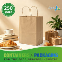 APSIC Kraft Paper Bags w/ Handles 8x4.75x10, 250 Pack (PB-01)
