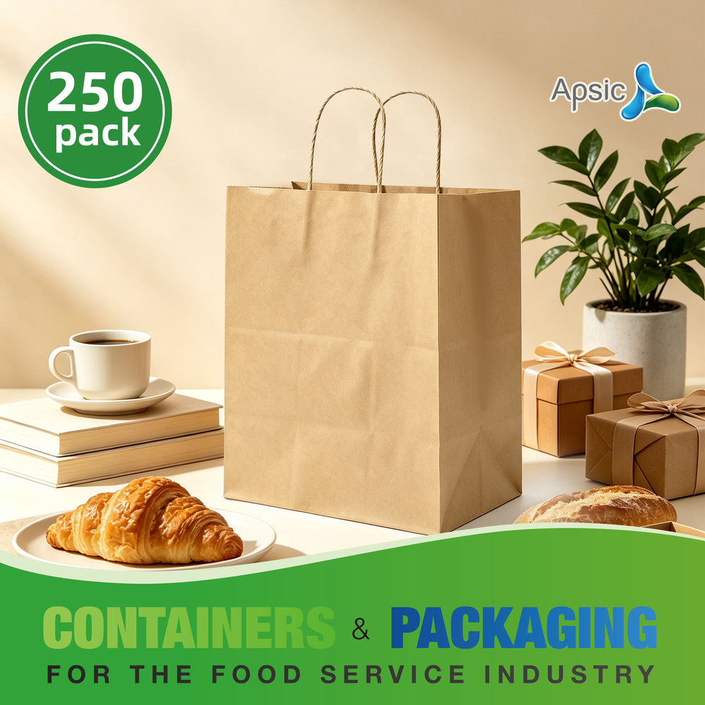 APSIC Kraft Paper Bags w/ Handles 10x6.75x12, 250 Pack (PB-03)