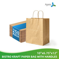 APSIC Kraft Paper Bags w/ Handles 10x6.75x12, 250 Pack (PB-03)