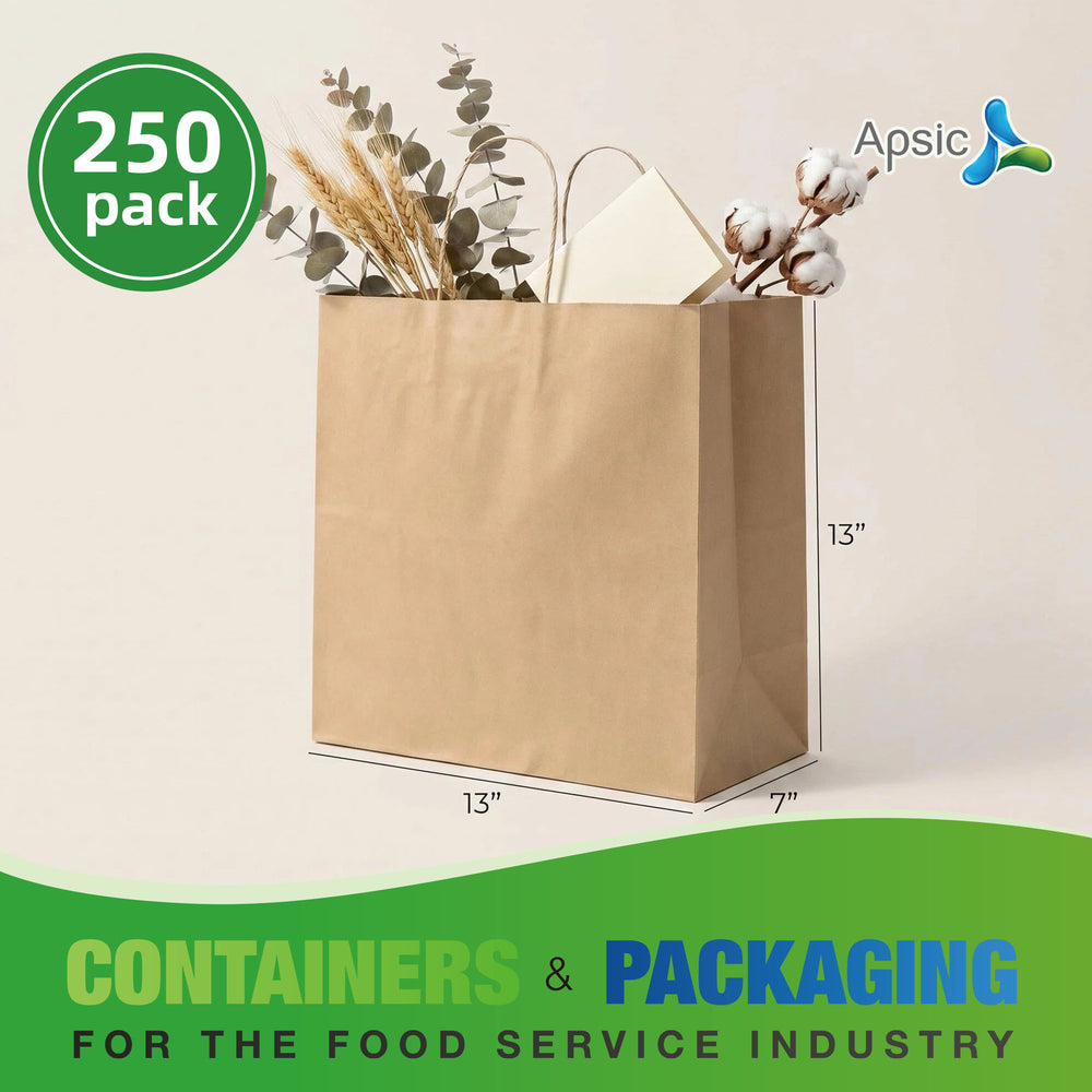 APSIC Kraft Paper Bags w/ Handles 13x7x13, 250 Pack (PB-04)