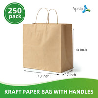 APSIC Kraft Paper Bags w/ Handles 13x7x13, 250 Pack (PB-04)