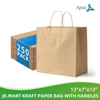 APSIC Kraft Paper Bags w/ Handles 13x7x13, 250 Pack (PB-04)