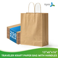 APSIC Kraft Paper Bags w/ Handles 13x6x16, 250 Pack (PB-05)