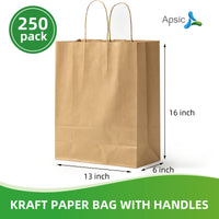 APSIC Kraft Paper Bags w/ Handles 13x6x16, 250 Pack (PB-05)