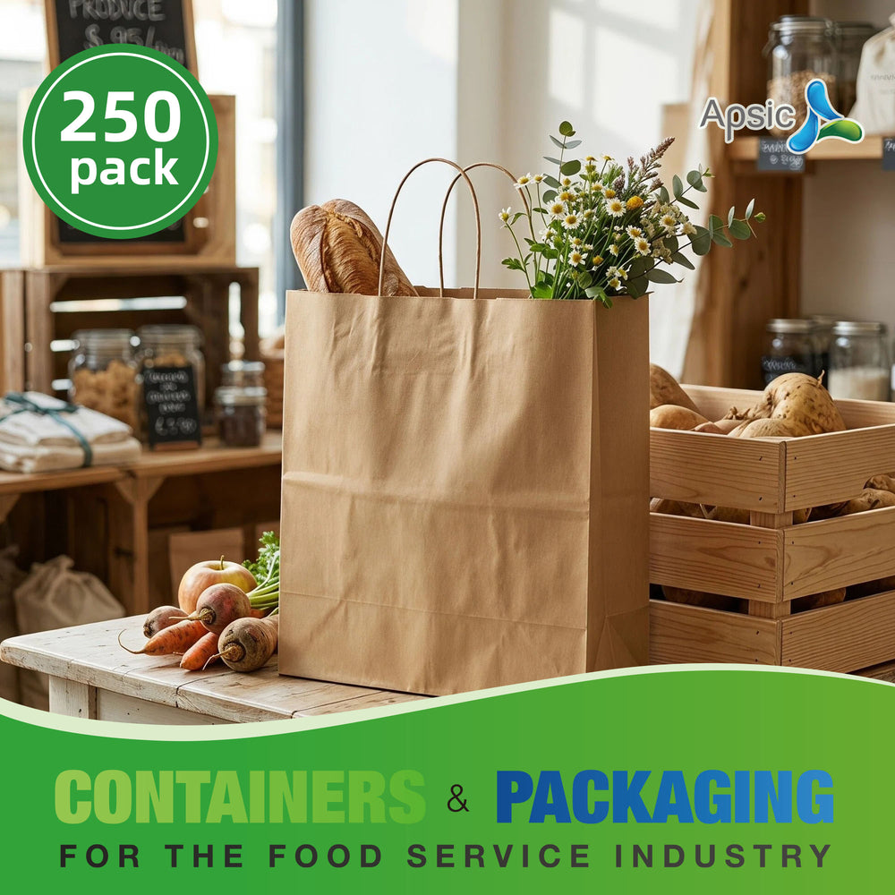 APSIC Kraft Paper Bags w/ Handles 13x6x16, 250 Pack (PB-05)