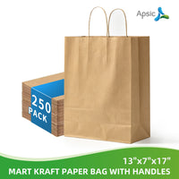 APSIC Kraft Paper Bags w/ Handles 13x7x17, 250 Pack (PB-06)