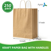 APSIC Kraft Paper Bags w/ Handles 13x7x17, 250 Pack (PB-06)