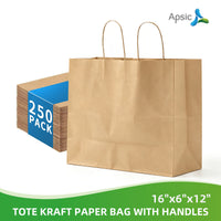 APSIC Kraft Paper Bags w/ Handles 16x6x12, 250 Pack (PB-07)