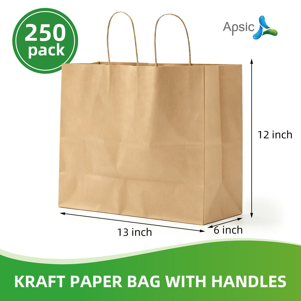 APSIC Kraft Paper Bags w/ Handles 16x6x12, 250 Pack (PB-07)