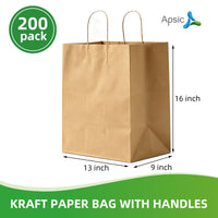 APSIC Kraft Paper Bags w/ Handles 13x9x16, 200 Pack (PB-08)