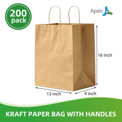 APSIC Kraft Paper Bags w/ Handles 13x9x16, 200 Pack (PB-08)