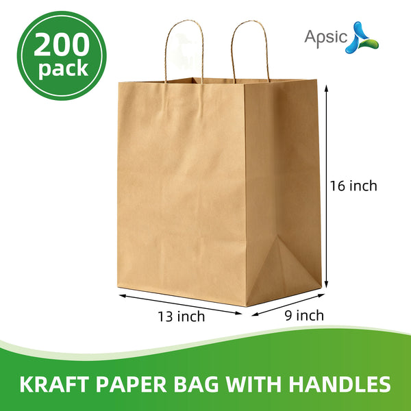 APSIC Kraft Paper Bags w/ Handles 13x9x16, 200 Pack (PB-08)