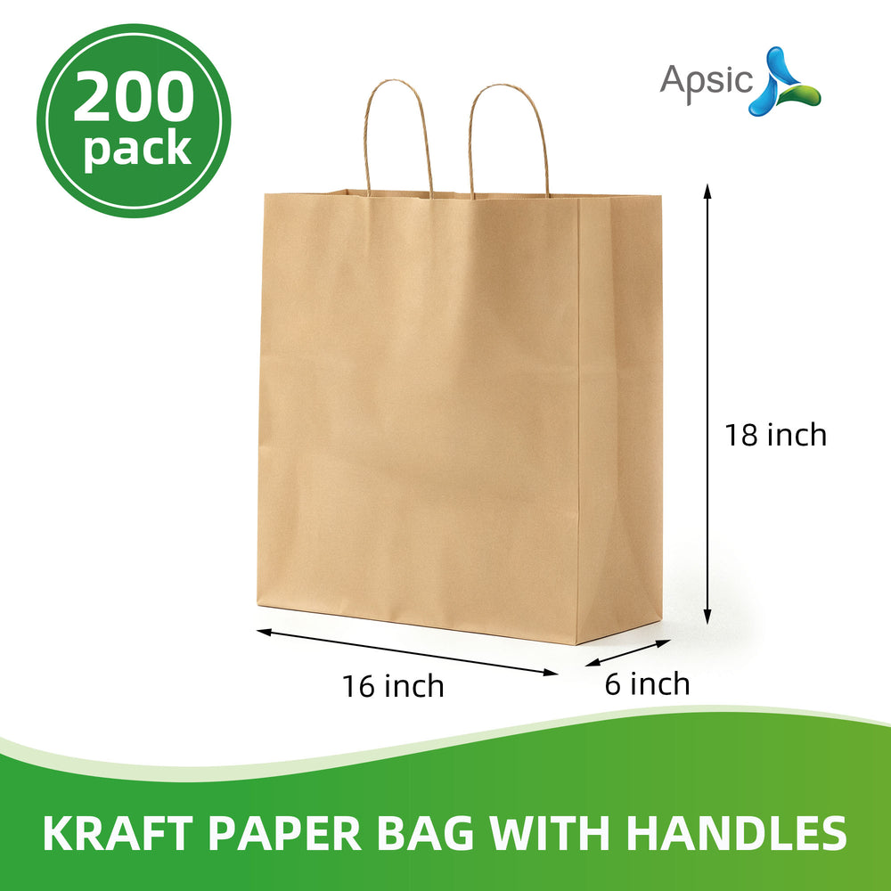 APSIC Kraft Paper Bags w/ Handles 16x6x18, 200 Pack (PB-09)