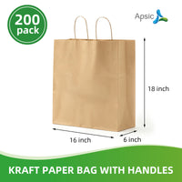 APSIC Kraft Paper Bags w/ Handles 16x6x18, 200 Pack (PB-09)