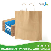 APSIC Kraft Paper Bags w/ Handles 16x6x18, 200 Pack (PB-09)