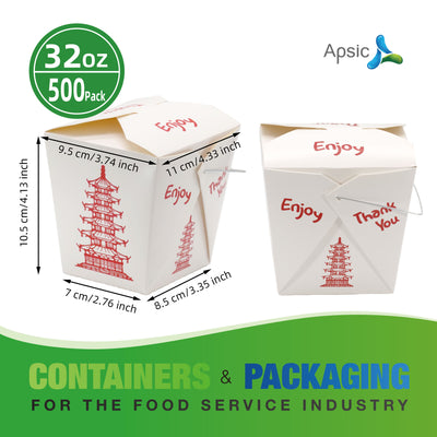 APSIC 32 oz Asian Paper Oyster Pail (Take-Out Box) w/ Wire Handle, 500 Count - PBW-32