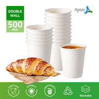 APSIC 8 oz Double Wall White Paper Hot Cup - Better Insulation - 500 Count