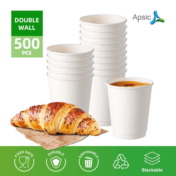 APSIC 8 oz Double Wall White Paper Hot Cup - Better Insulation - 500 Count