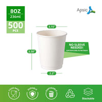 APSIC 8 oz Double Wall White Paper Hot Cup - Better Insulation - 500 Count