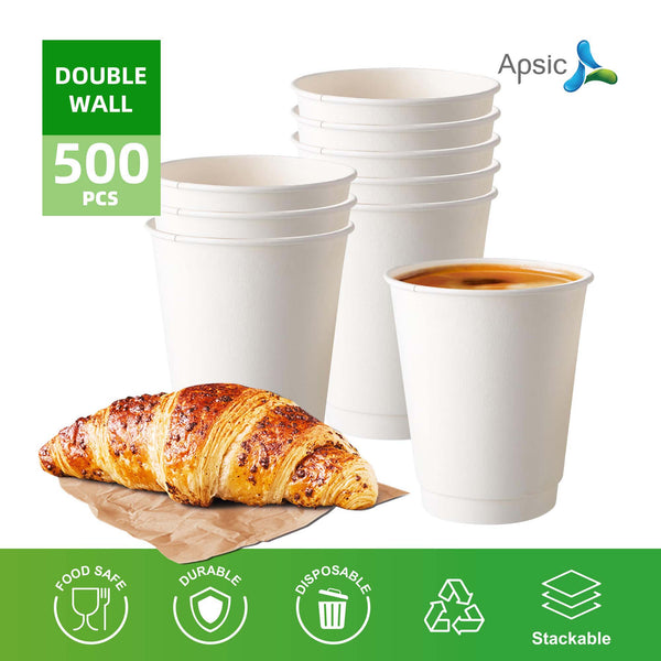APSIC 12 oz Double Wall White Paper Hot Cup - Anti-Scald Design - 500 Count
