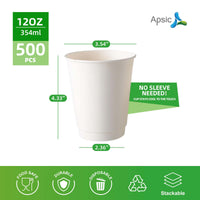 APSIC 12 oz Double Wall White Paper Hot Cup - Anti-Scald Design - 500 Count
