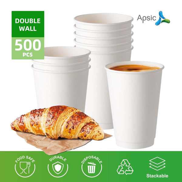 APSIC 16 oz Double Wall White Paper Hot Cup - Premium Hot Drink Cup - 500 Count