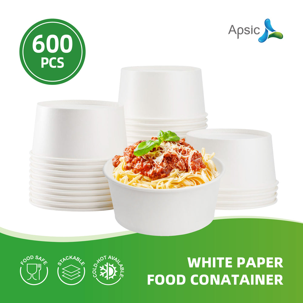 APSIC 21 oz White Paper Food Container Rim142mm - Leak Resistant & Takeout Ready - 600 Count
