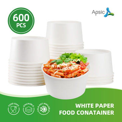 APSIC 25 oz White Paper Food Container Rim142mm - Food Safe & Meal Service - 600 Count