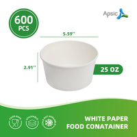 APSIC 25 oz White Paper Food Container Rim142mm - Food Safe & Meal Service - 600 Count