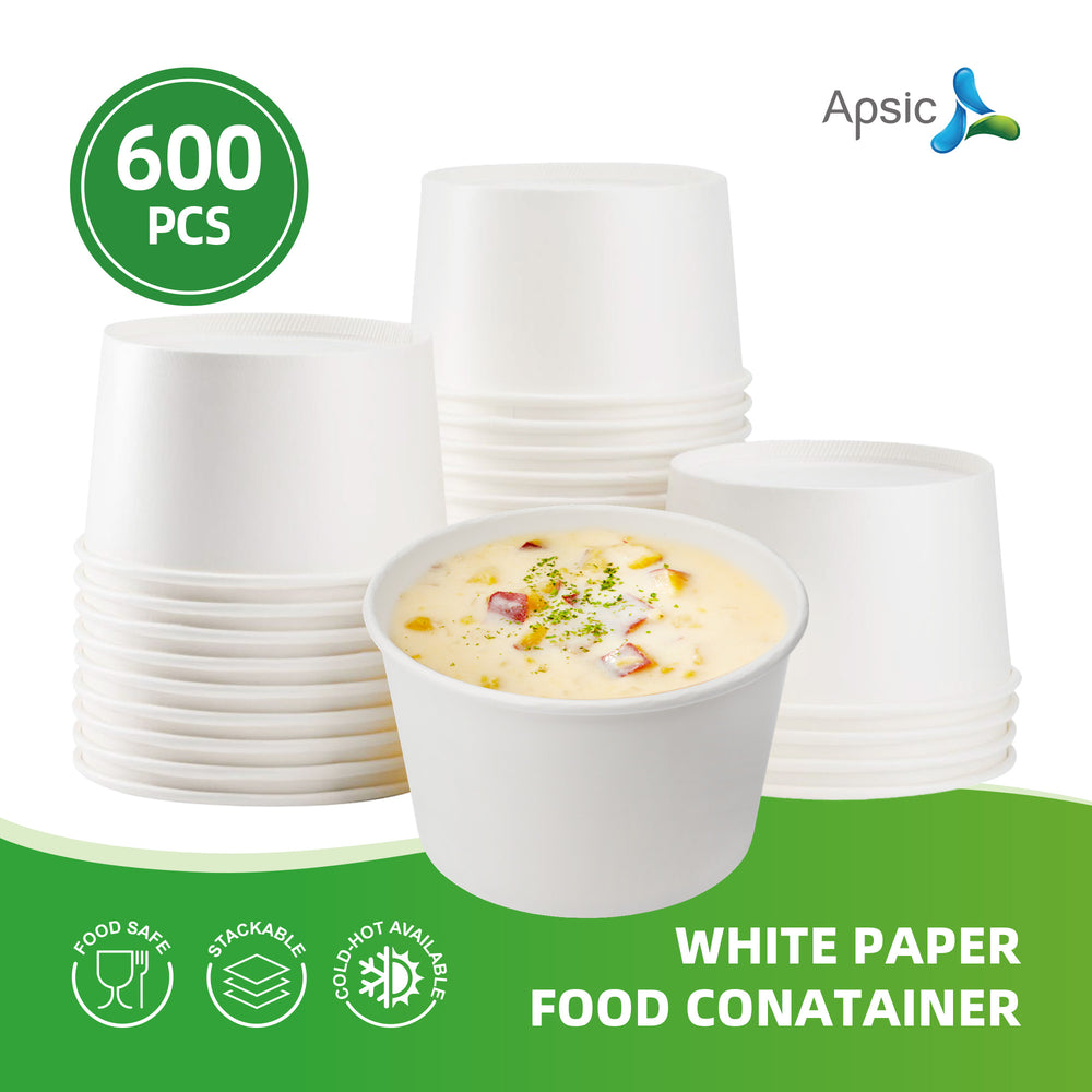 APSIC 28 oz White Paper Food Container Rim142mm - Sturdy & Convenient Serving - 600 Count