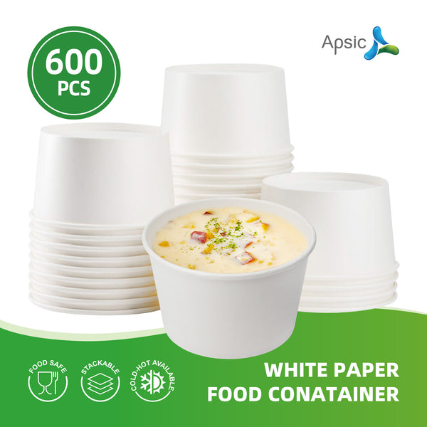 APSIC 28 oz White Paper Food Container Rim142mm - Sturdy & Convenient Serving - 600 Count