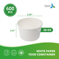 APSIC 28 oz White Paper Food Container Rim142mm - Sturdy & Convenient Serving - 600 Count