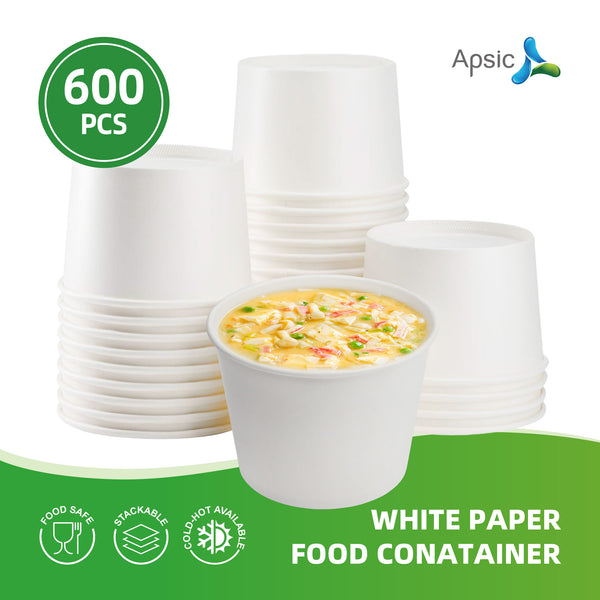 APSIC 34 oz White Paper Food Container Rim142mm - Large Capacity & Food Storage - 600 Count