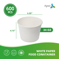 APSIC 34 oz White Paper Food Container Rim142mm - Large Capacity & Food Storage - 600 Count