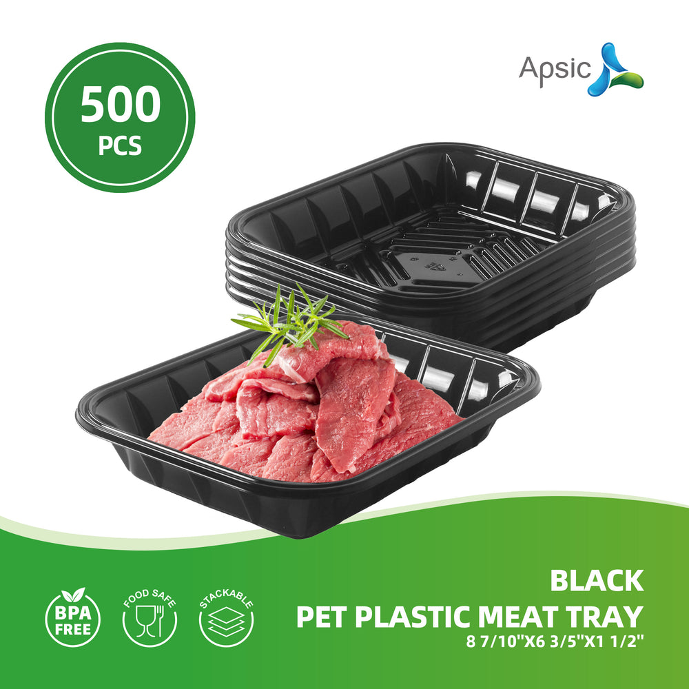 APSIC Black PET Plastic Meat Tray 8 7/10
