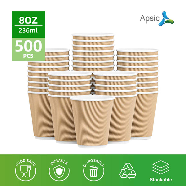 APSIC 8 oz Double Wall Ripple Kraft Paper Hot Cup - Non-Slip & Warm - 500 Count