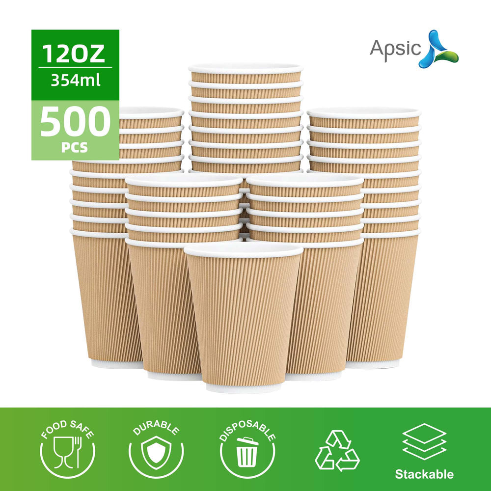 APSIC 12 oz Double Wall Ripple Kraft Paper Hot Cup - Sturdy & Insulated - 500 Count