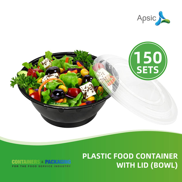 APSIC 32 oz Clear Plastic Food Container Bowl with Lid - Reusable & Microwave Safe - 150 Count