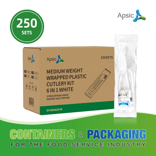 APSIC 6-IN-1 Disposable Medium Heavy Weight White Cutlery Kit - Individually Wrapped - 250 Sets