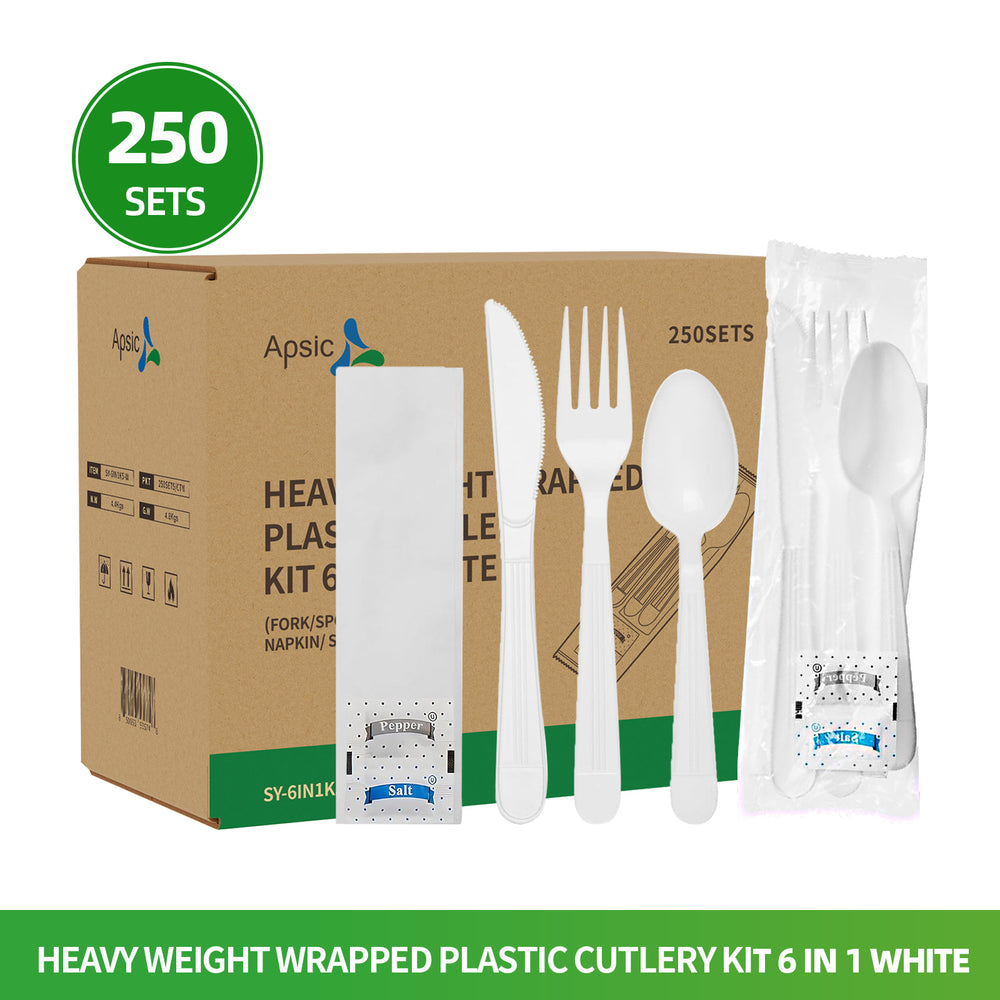 APSIC 6-in-1 Heavy Wrapped Cutlery Kit, White — 250/Case