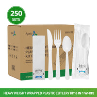 APSIC 6-in-1 Heavy Wrapped Cutlery Kit, White — 250/Case