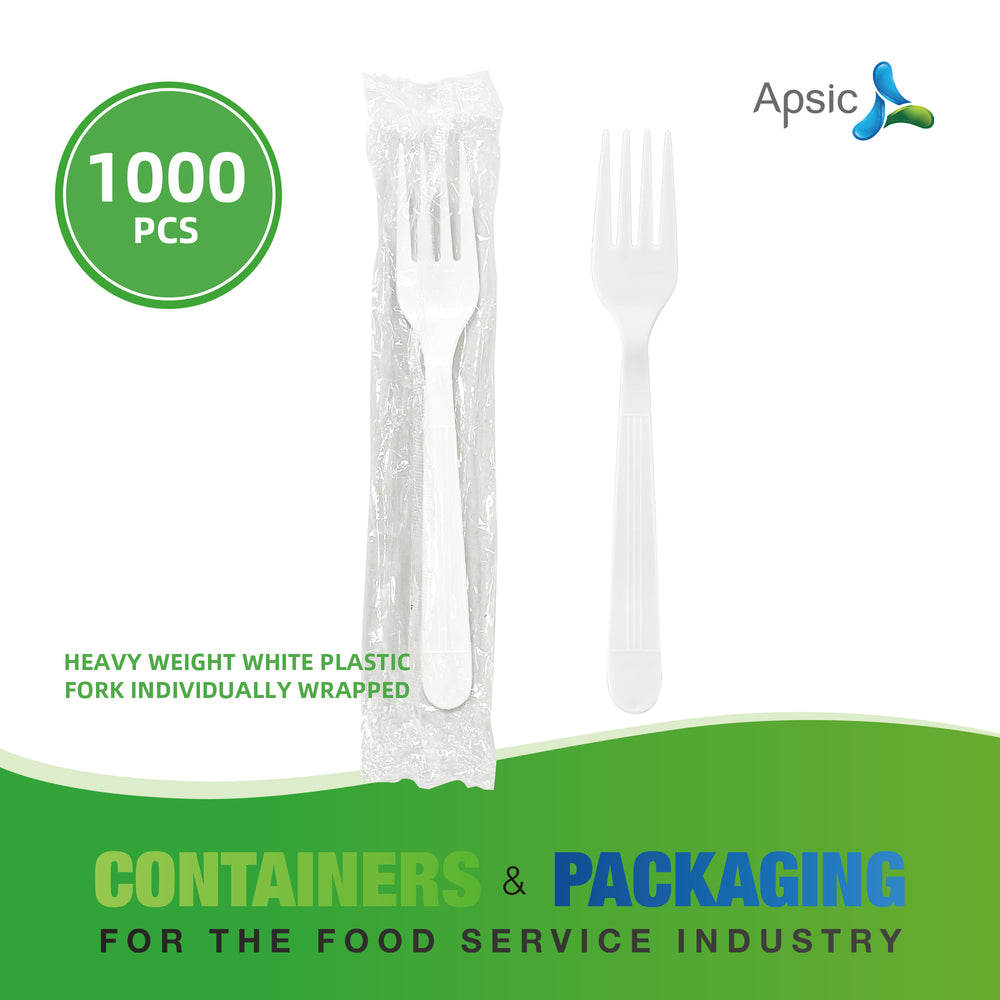 APSIC White Heavy Duty Individually Wrapped Plastic Fork - Food Service & Takeout Ready - 1000 Count