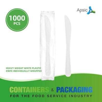 APSIC White Heavy Duty Individually Wrapped Plastic Knife - Food Service & Takeout Ready - 1000 Count