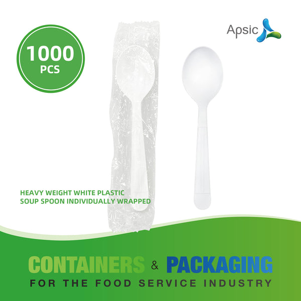 APSIC White Heavy Duty Individually Wrapped Plastic Soup Spoon - Food Service & Takeout Ready - 1000 Count
