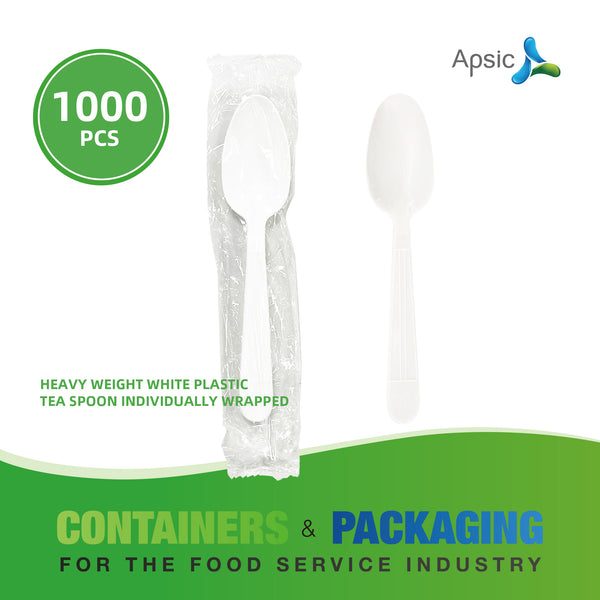 APSIC White Heavy Duty Individually Wrapped Plastic Tea Spoon - Food Service & Takeout Ready - 1000 Count